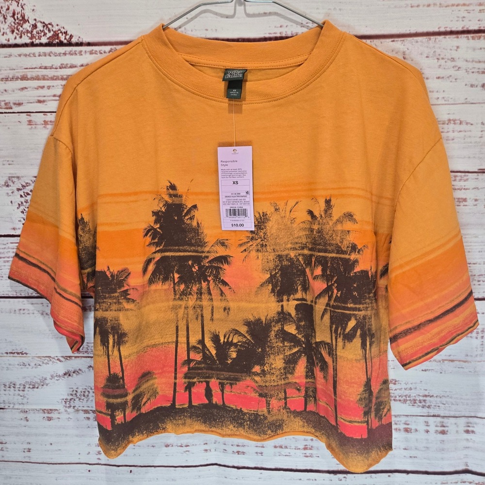 Wild Fable Women's XS Orange Palm Tree Tropical Retro Graphic Crop T-Shirt NEW